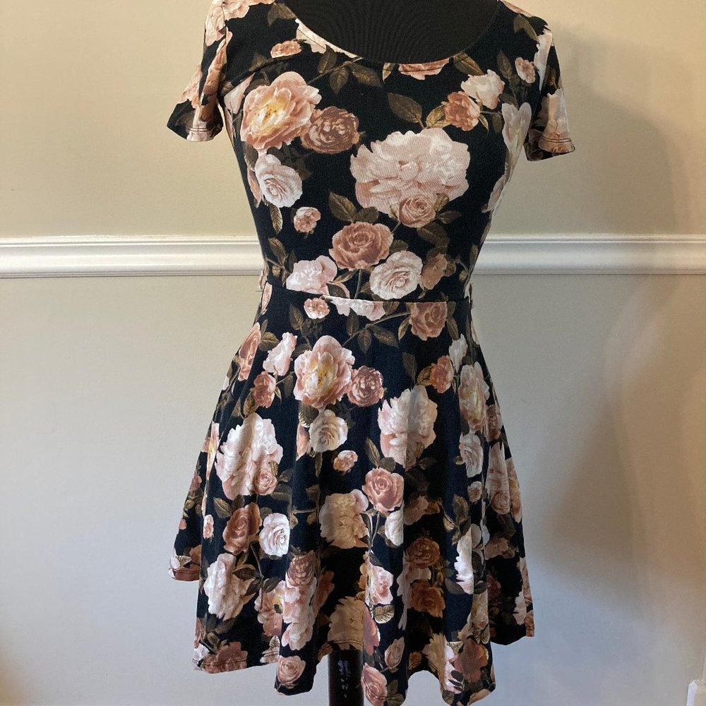 Forever 21 Black Fit & Flare Dress with Pink Rose